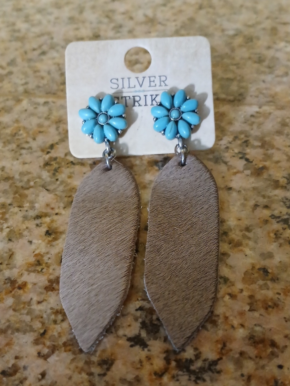 Turquoise Flower & Taupe Leather Drop Earrings